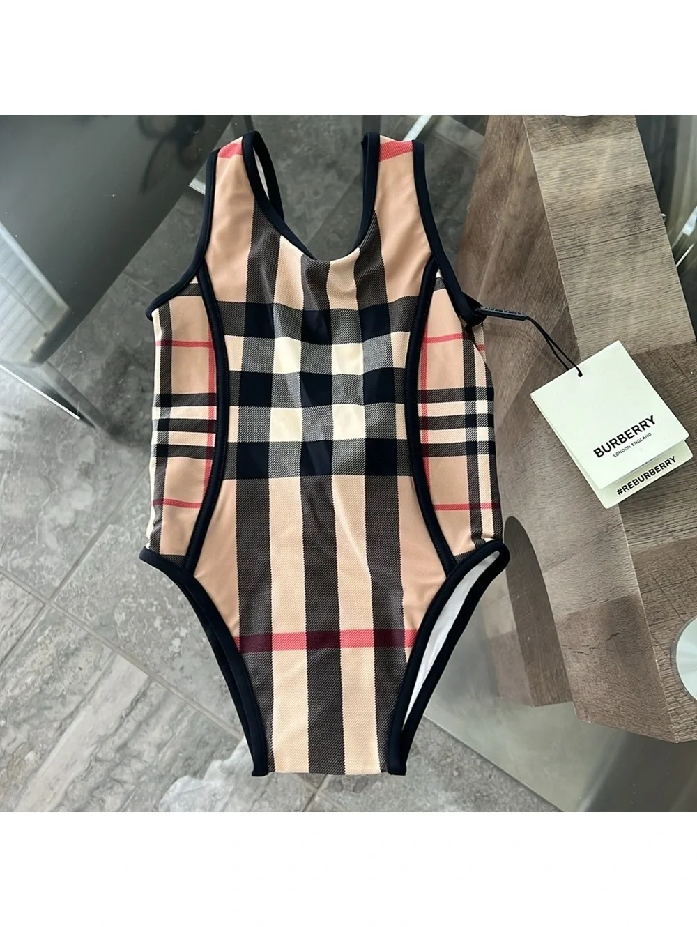 BURBERRY Kids Mini Nigella One Piece Swimsuit, Archive Beige Check, Size 12M NWT